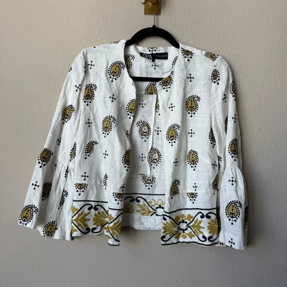 ZARA White Paisley Embroidered Linen Blend Matching Set